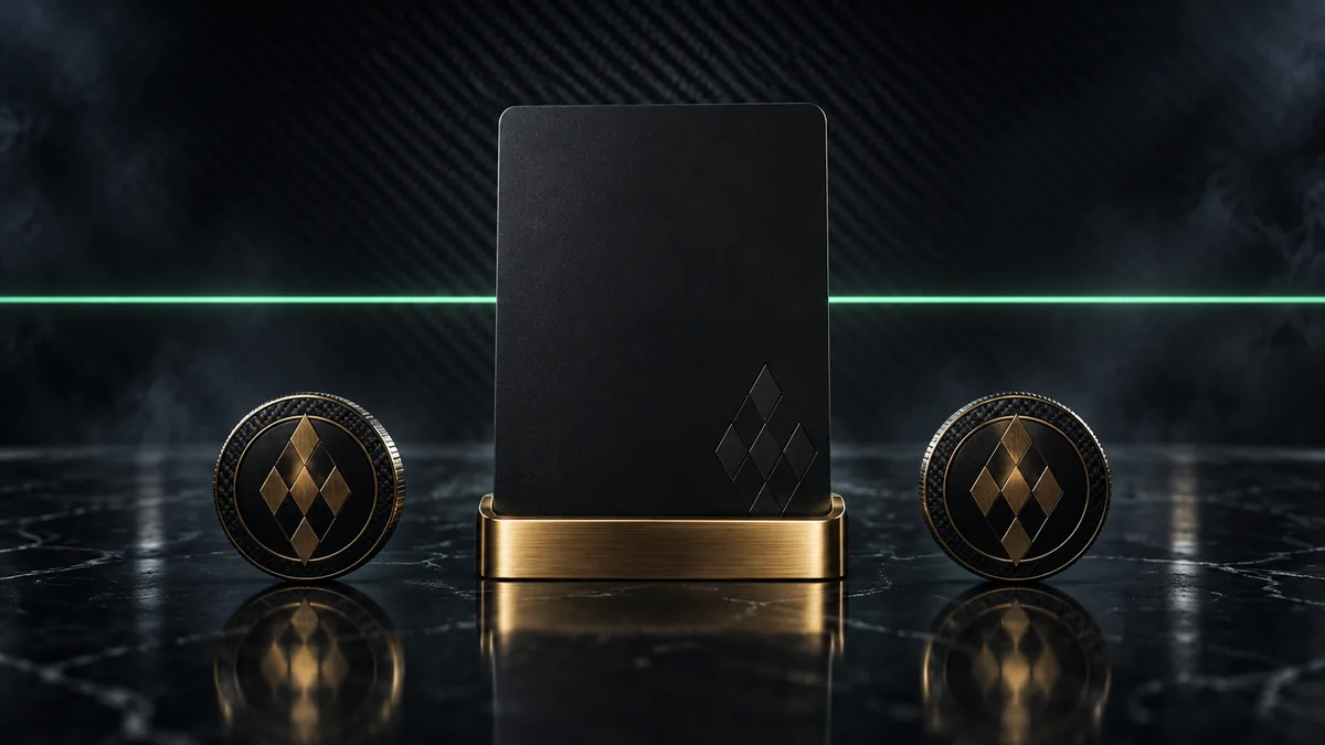 Black card on a brass stand between two Jokabet diamond coins